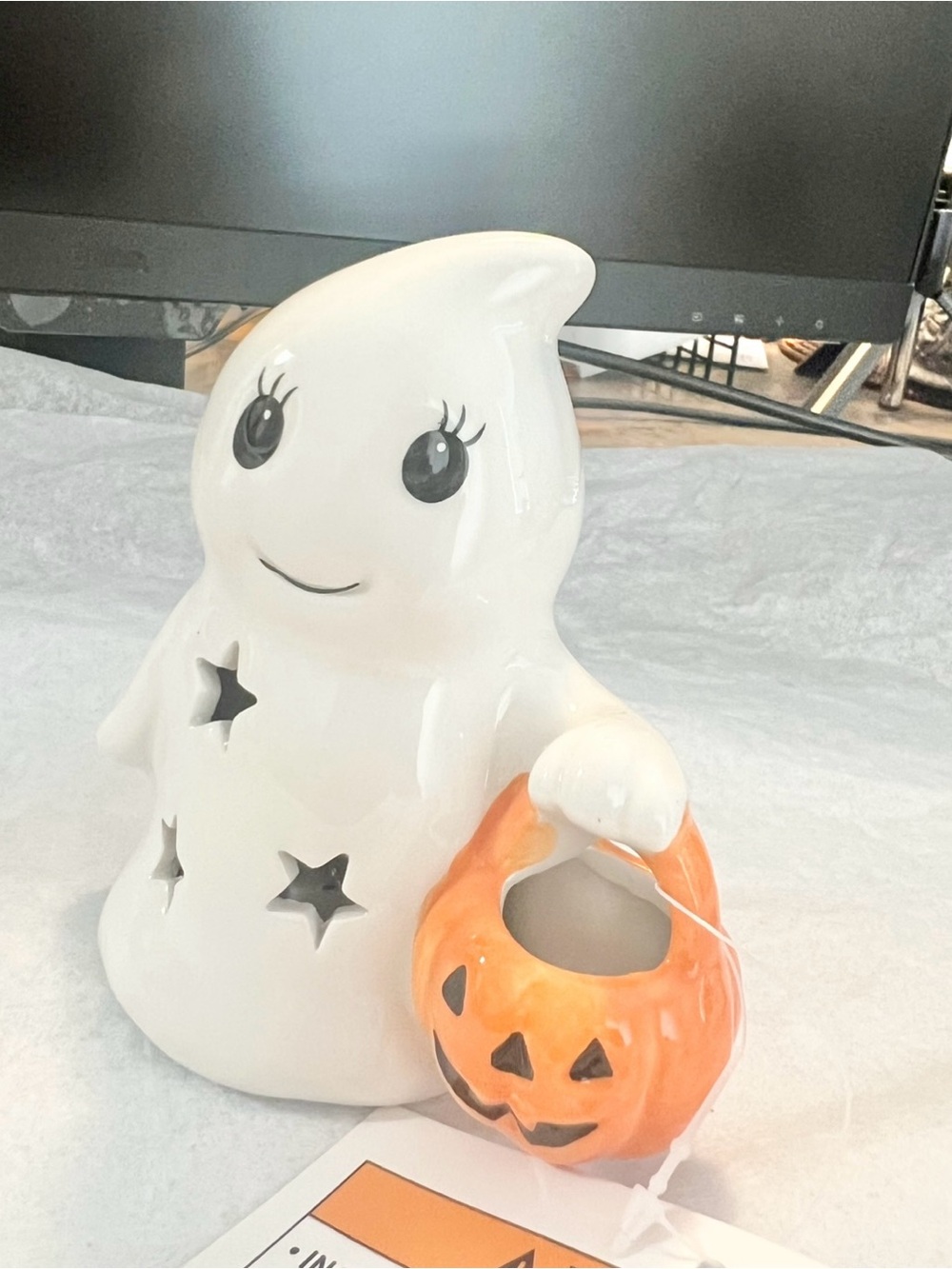 White Ceramic Ghost Figurine with Orange Pumpkin Basket - Home Accents NWT